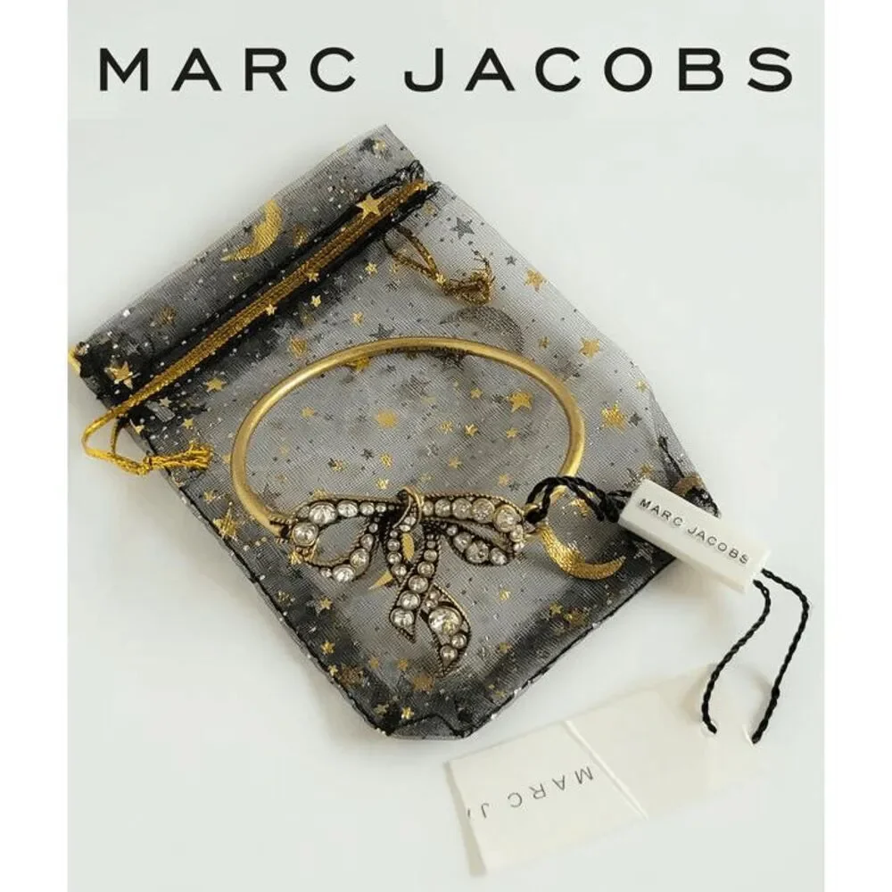 MARC JACOBS Swarovski Crystal Dazzling Bow Gold Hinged Bangle Bracelet NWT
